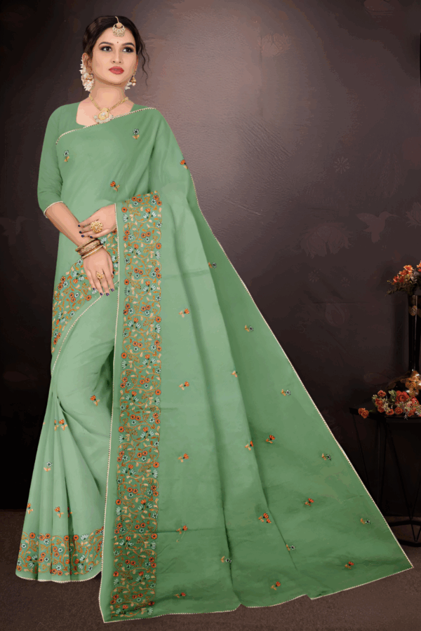 Green Embroidery Pure Cotton Saree - Image 2