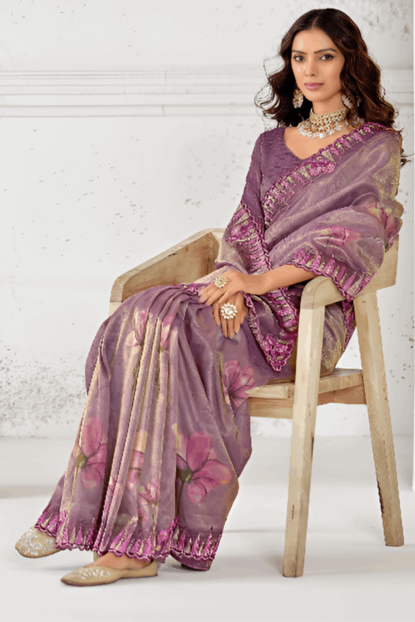 Mauve Purple Floral Print Tissue Silk Embroidered Saree - Image 4