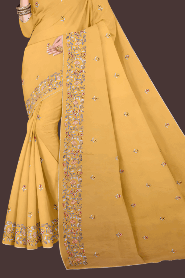 Yellow Pure Cotton Saree with Matching  Blouse - Image 3