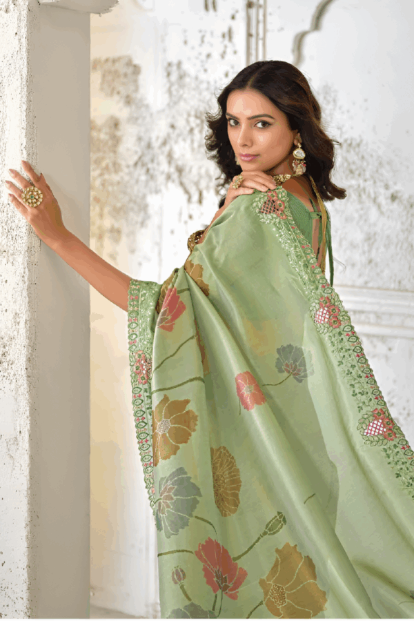 Green Floral Print Embroidered Tissue Silk Saree - Image 4