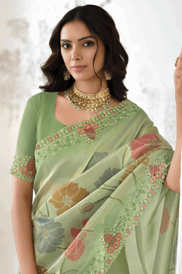 Green Floral Print Embroidered Tissue Silk Saree - Image 2