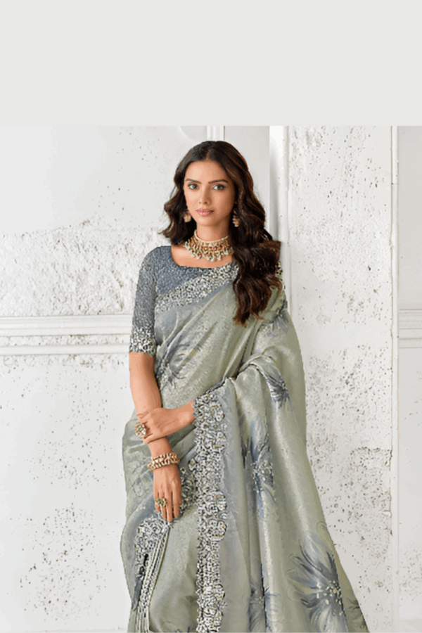 Tissue Grey Embroidery  Silk Saree In Floral Print
