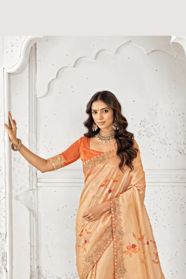 Digital Printed Tissue Silk Embroidery Scalloped Saree in Light Orange
