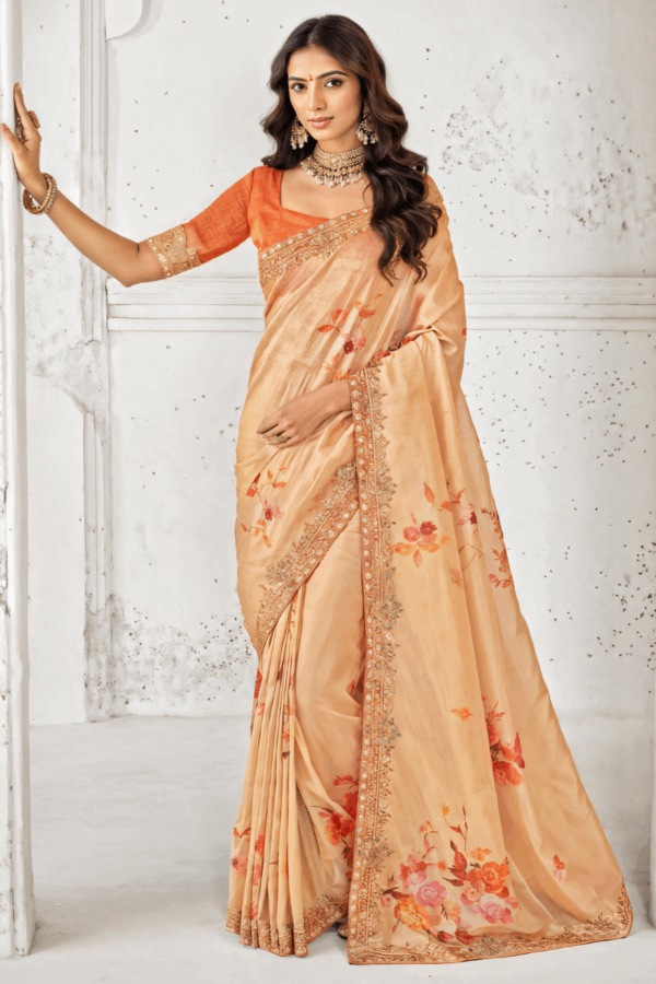 Digital Printed Tissue Silk Embroidery Scalloped Saree in Light Orange - Image 3