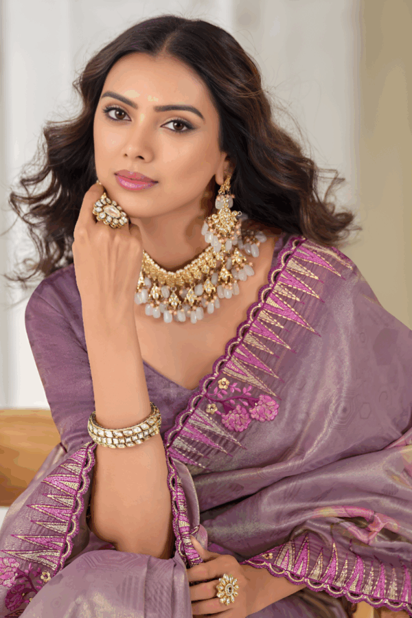 Mauve Purple Floral Print Tissue Silk Embroidered Saree - Image 3