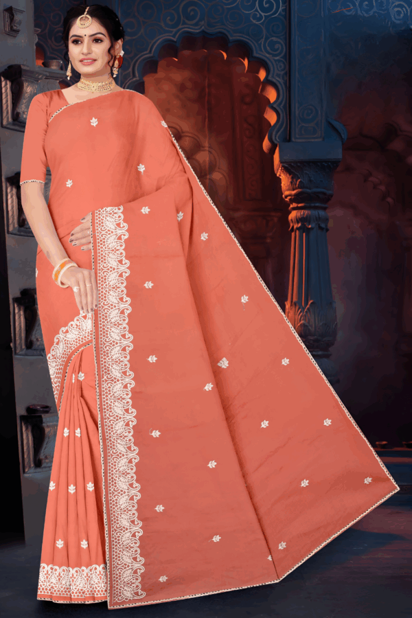 Peach Orange Pure Cotton Embroidered Saree - Image 2