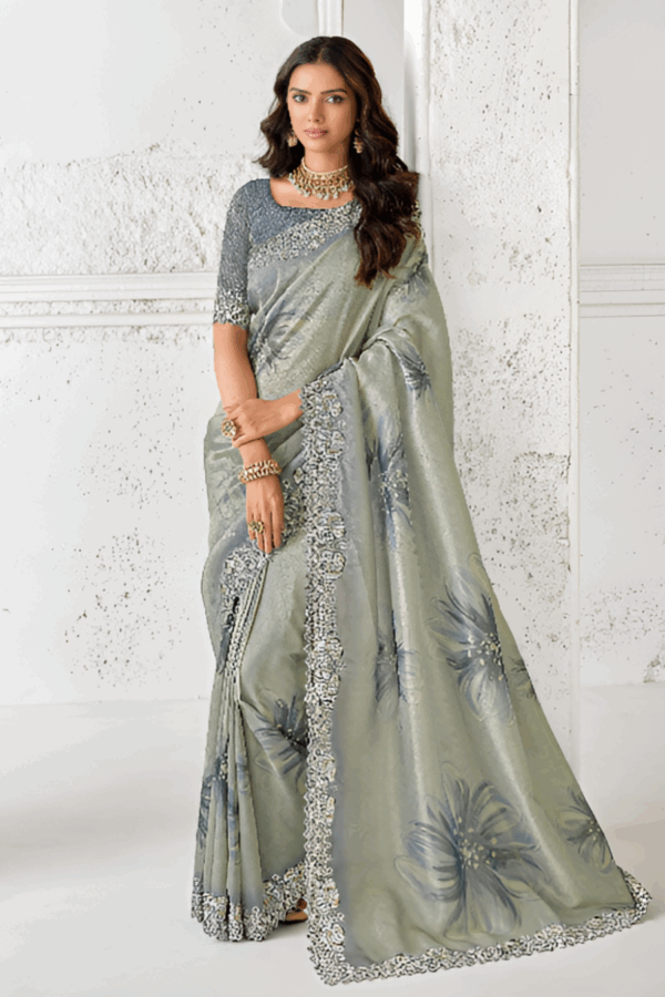 Tissue Grey Embroidery  Silk Saree In Floral Print - Image 3