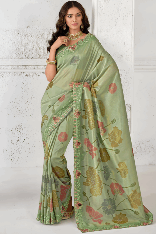 Green Floral Print Embroidered Tissue Silk Saree - Image 3