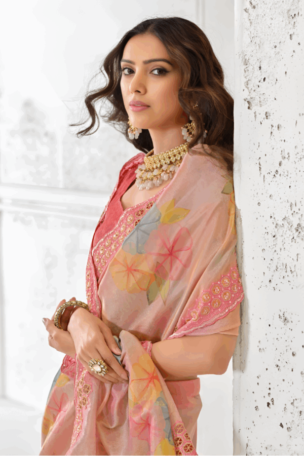 Peach Floral Print Tissue Silk Embroidery Saree - Image 3
