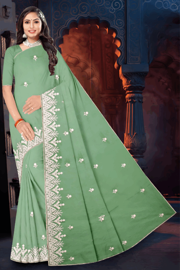 100% Pure Cotton Green Colour Embroidery Saree - Image 2