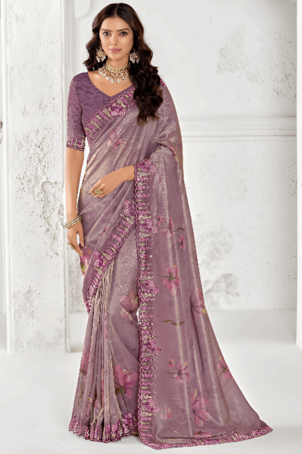 Mauve Purple Floral Print Tissue Silk Embroidered Saree - Image 2