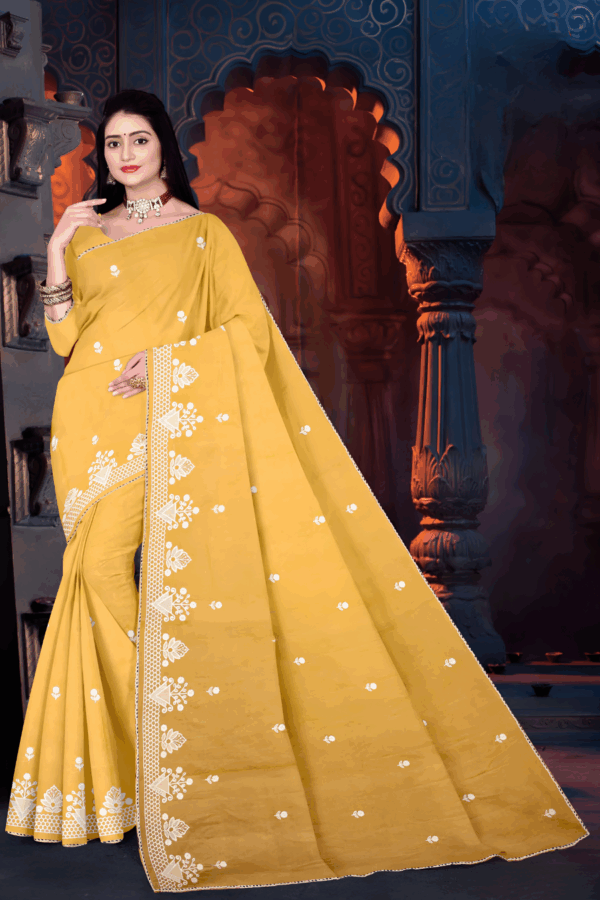 Yellow Colour Pure Cotton Saree with Lucknowi Embroidered Saree - Image 2