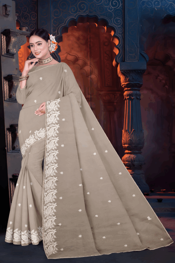 Light Khaki India's Best Quality Pure Cotton Lucknowi Embroidery Saree - Image 2