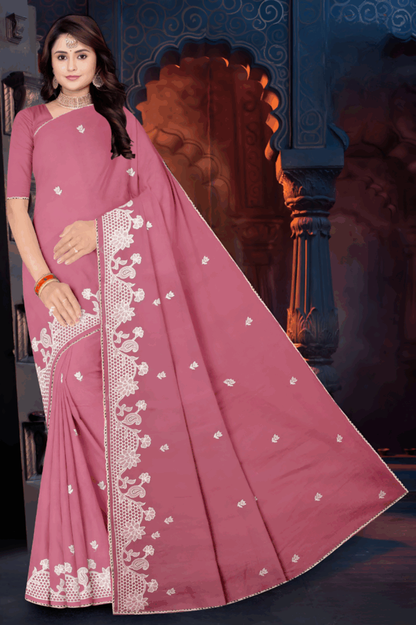 Rani Magenta Pure Cotton Lucknowi Embroidery Saree - Image 2