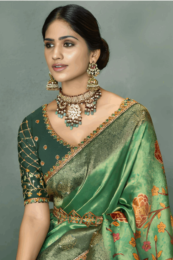 Embroidered Green Silk Saree In Floral Print - Image 2
