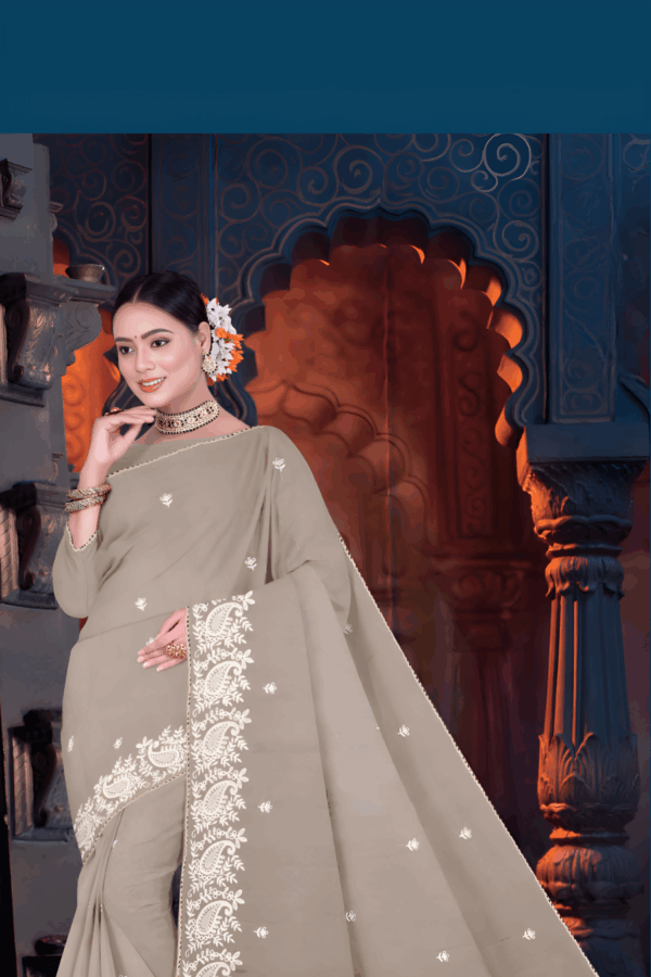 Light Khaki India's Best Quality Pure Cotton Lucknowi Embroidery Saree