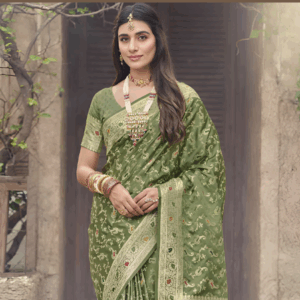Olive Green Banarasi Silk Saree With Zari Weaving