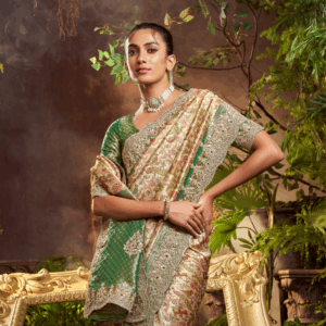 Embroidery Biege Kalamkari Silk Saree with Contrast Pallu Border